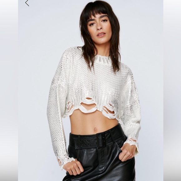Nasty Gal Premium Cropped Foil Ladder Sweater - Picture 1 of 2